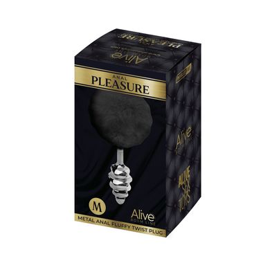 Металева анальна пробка Кролячий хвостик Alive Fluffy Twist Plug M Black, діаметр 3,4 см SO6309 фото